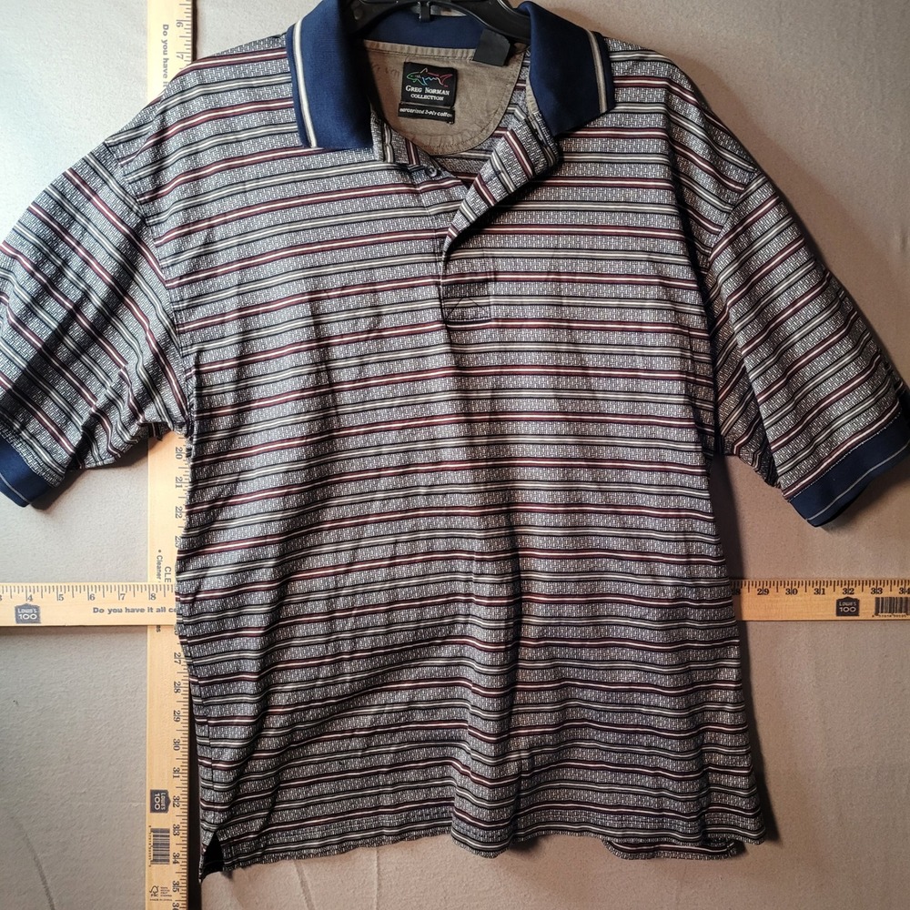 Greg Norman Mens Large Mercerized Cotton Striped Polo Shirt Navy Blue Burgundy‎